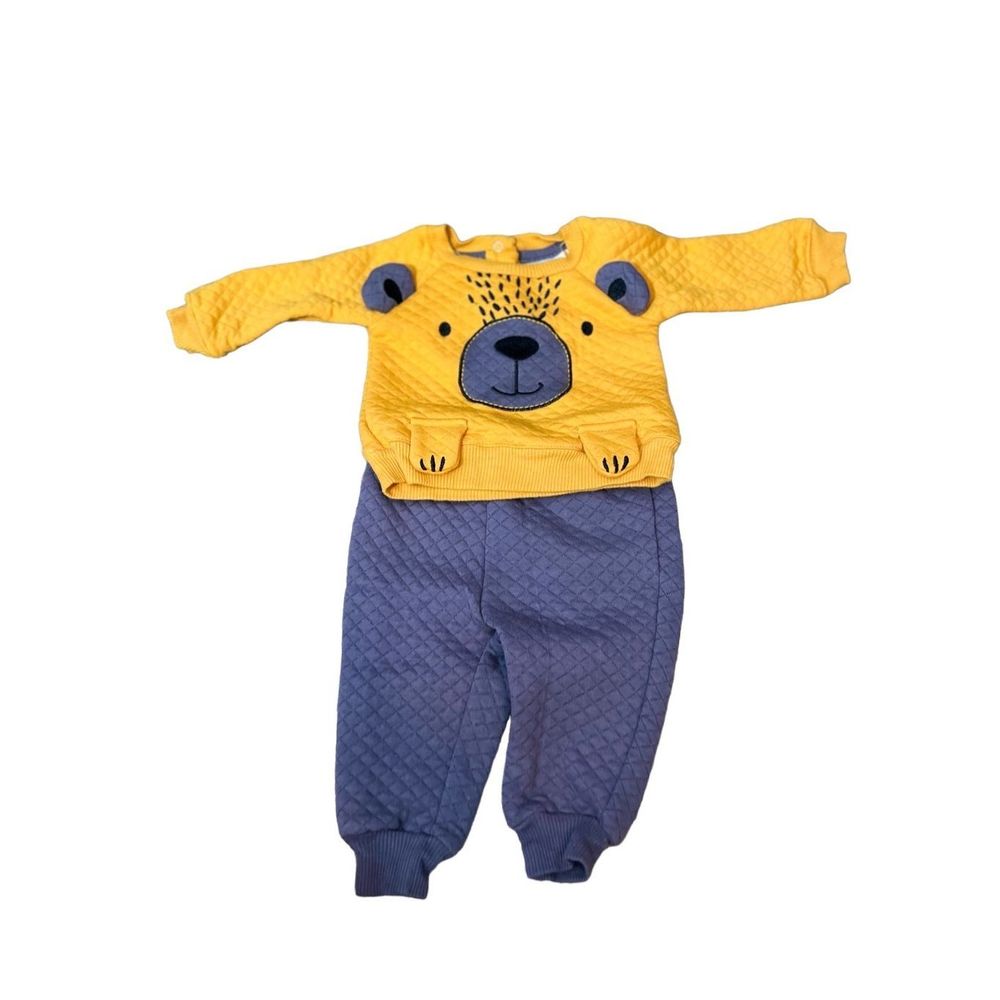 Baby boy 0-3 month baby bear yellow outfit with gray pants. Comfortable